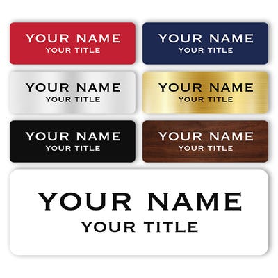 Engraved Plastic Custom Name Tag in Block Serif Font on White Background