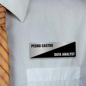 Engraved Plastic Custom Name Tag with Diagonal Design on White Shirt with Tie