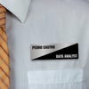 Engraved Plastic Custom Name Tag with Diagonal Design on White Shirt with Tie