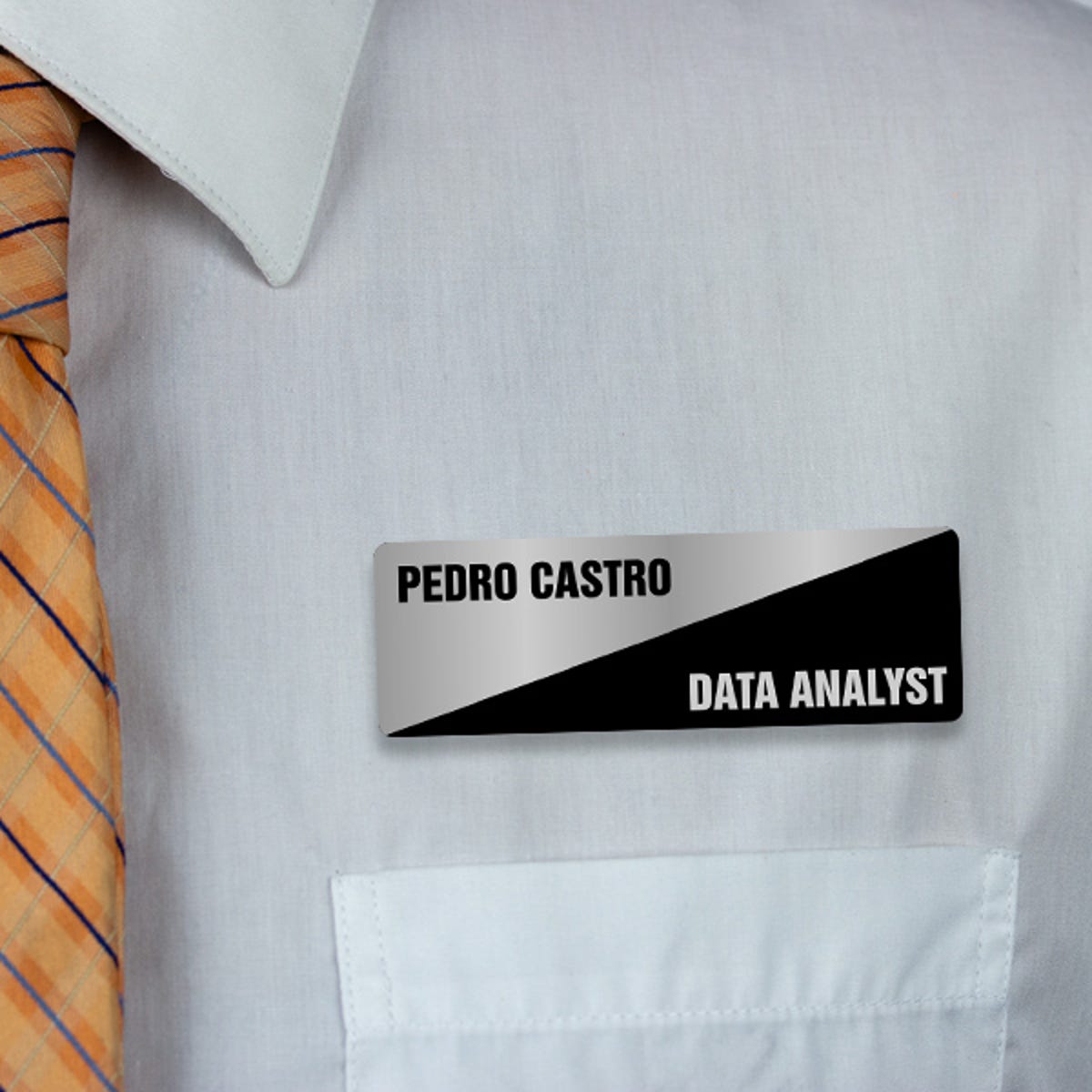 Engraved Plastic Custom Name Tag with Diagonal Design on White Shirt with Tie