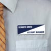 Engraved Plastic Custom Name Tag with Diagonal Design on White Shirt with Orange Tie