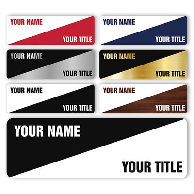 Engraved Plastic Custom Name Tag with Diagonal Design on White Background