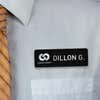 Engraved Plastic Upload Your Logo Custom Name Tag in Block Font on White Shirt with Orange Tie