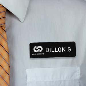 Engraved Plastic Upload Your Logo Custom Name Tag in Block Font on White Shirt with Orange Tie