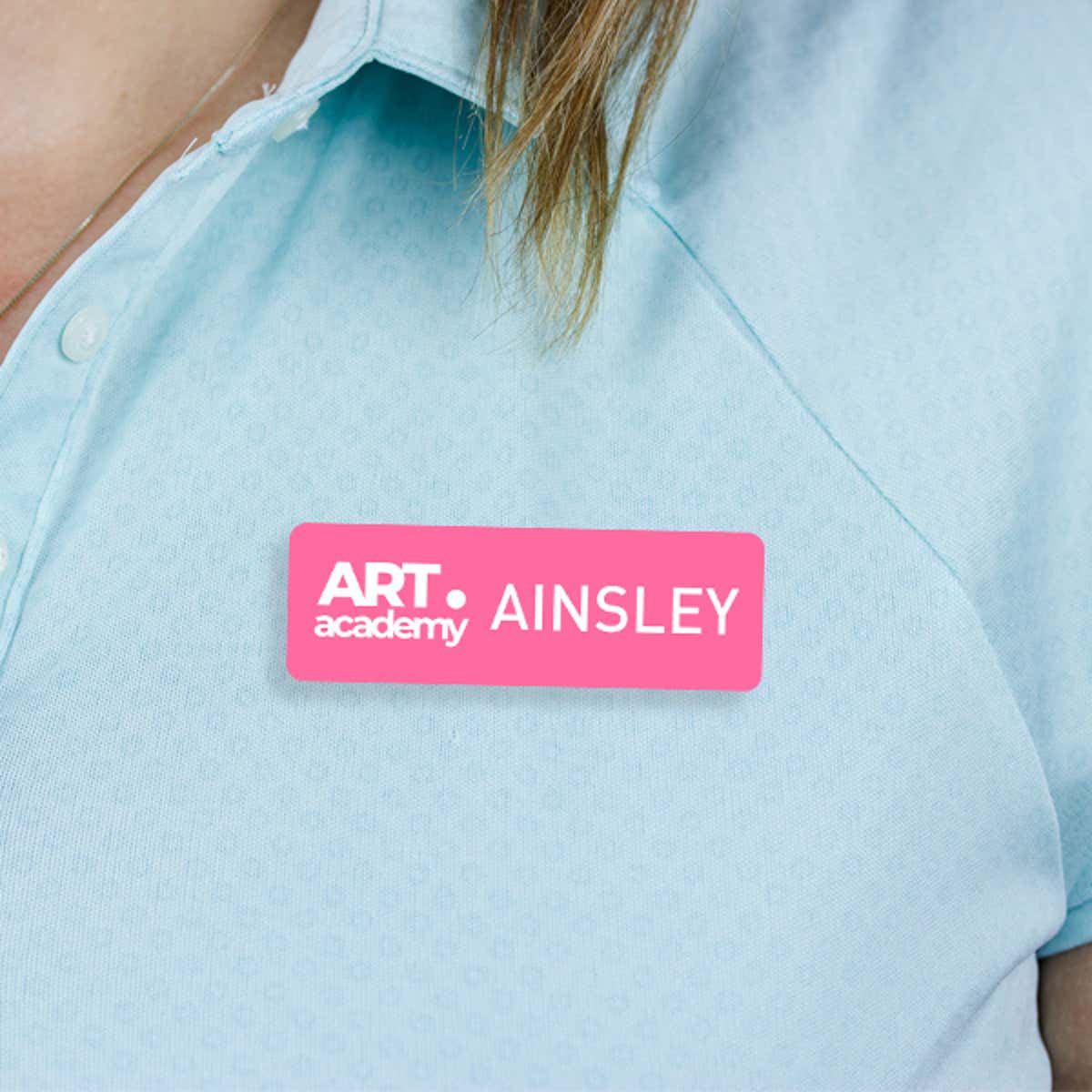 Engraved Plastic Upload Your Logo Custom Name Tag in Block Font on Blue Polo Shirt