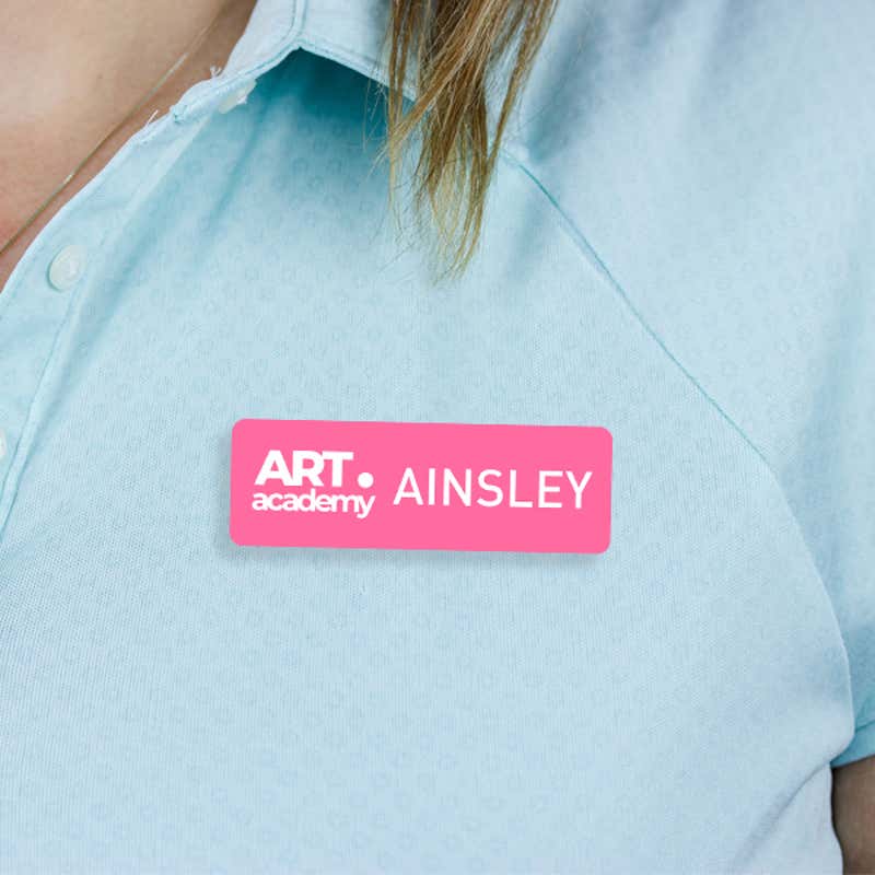 Engraved Plastic Upload Your Logo Custom Name Tag in Block Font on Blue Polo Shirt