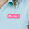Engraved Plastic Upload Your Logo Custom Name Tag in Block Font on Blue Polo Shirt