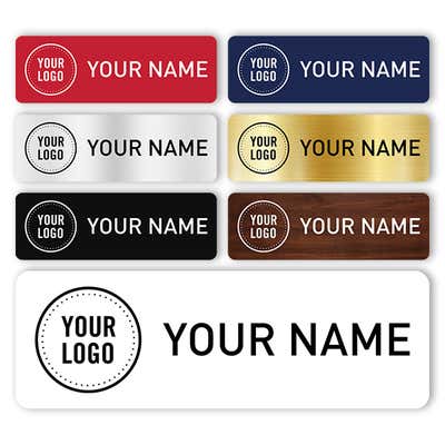 Engraved Plastic Upload Your Logo Custom Name Tag in Block Font on White Background