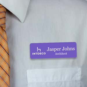 Engraved Plastic Upload Your Logo Custom Name Tag in Elevated Serif Font on White Shirt with Orange Tie