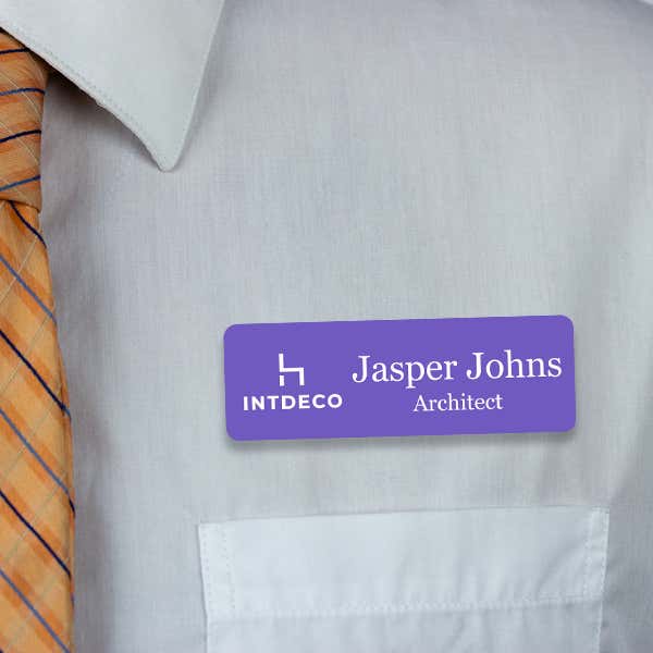 Engraved Plastic Upload Your Logo Custom Name Tag in Elevated Serif Font on White Shirt with Orange Tie