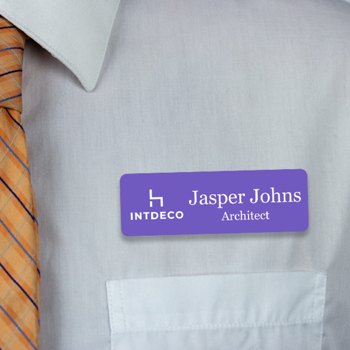 Engraved Plastic Upload Your Logo Custom Name Tag in Elevated Serif Font on White Shirt with Orange Tie