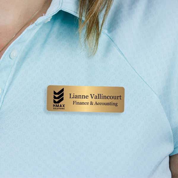 Engraved Plastic Upload Your Logo Custom Name Tag in Elevated Serif Font on Blue Polo Shirt