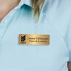 Engraved Plastic Upload Your Logo Custom Name Tag in Elevated Serif Font on Blue Polo Shirt