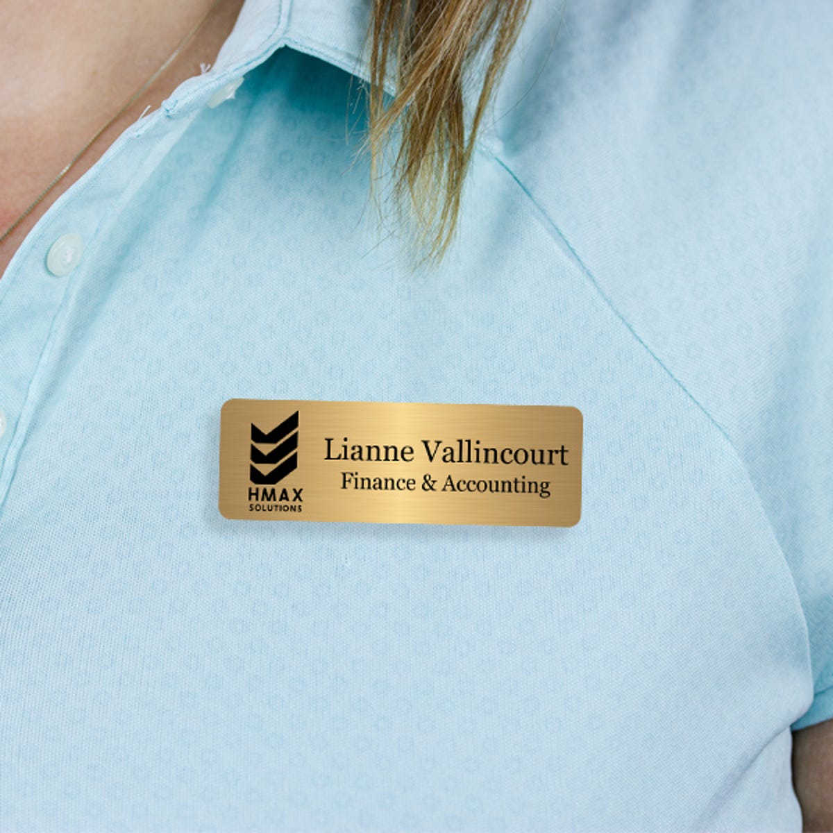 Engraved Plastic Upload Your Logo Custom Name Tag in Elevated Serif Font on Blue Polo Shirt