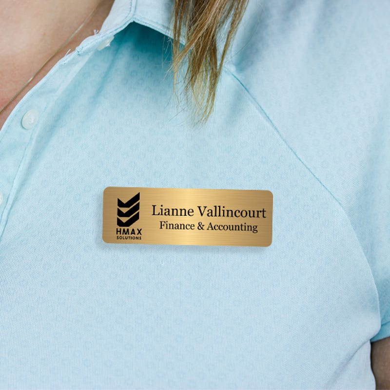Engraved Plastic Upload Your Logo Custom Name Tag in Elevated Serif Font on Blue Polo Shirt