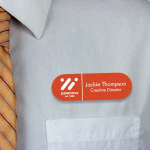 Engraved Plastic Upload Your Logo Custom Name Tag with Fully Rounded Corners on White Shirt with Orange Tie