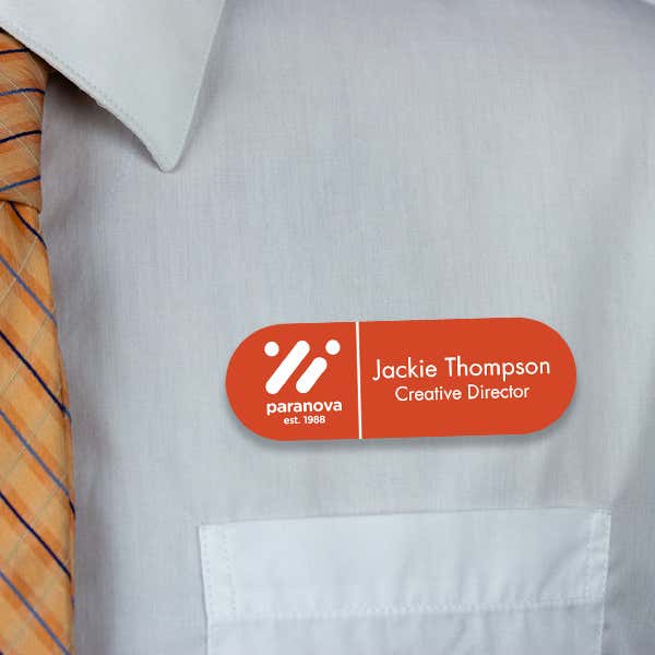 Engraved Plastic Upload Your Logo Custom Name Tag with Fully Rounded Corners on White Shirt with Orange Tie