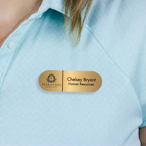 Engraved Plastic Upload Your Logo Custom Name Tag with Fully Rounded Corners on Blue Polo Shirt