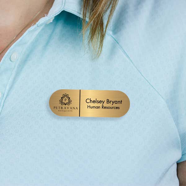 Engraved Plastic Upload Your Logo Custom Name Tag with Fully Rounded Corners on Blue Polo Shirt