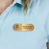 Engraved Plastic Upload Your Logo Custom Name Tag with Fully Rounded Corners on Blue Polo Shirt
