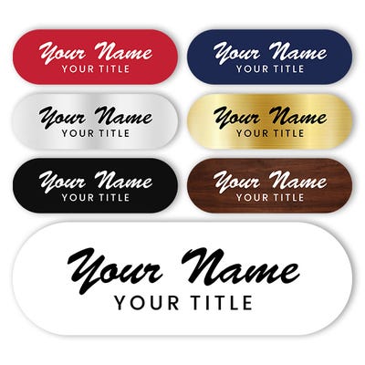 Engraved Plastic Custom Name Tag in Brushed Script Font on White Background