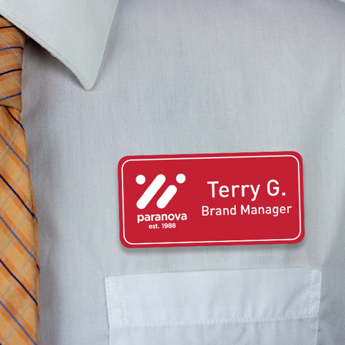 Engraved Plastic Upload Your Logo Custom Name Tag with Rounded Border on White Shirt with Orange Tie