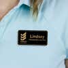 Engraved Plastic Upload Your Logo Custom Name Tag with Rounded Border on Blue Polo Shirt