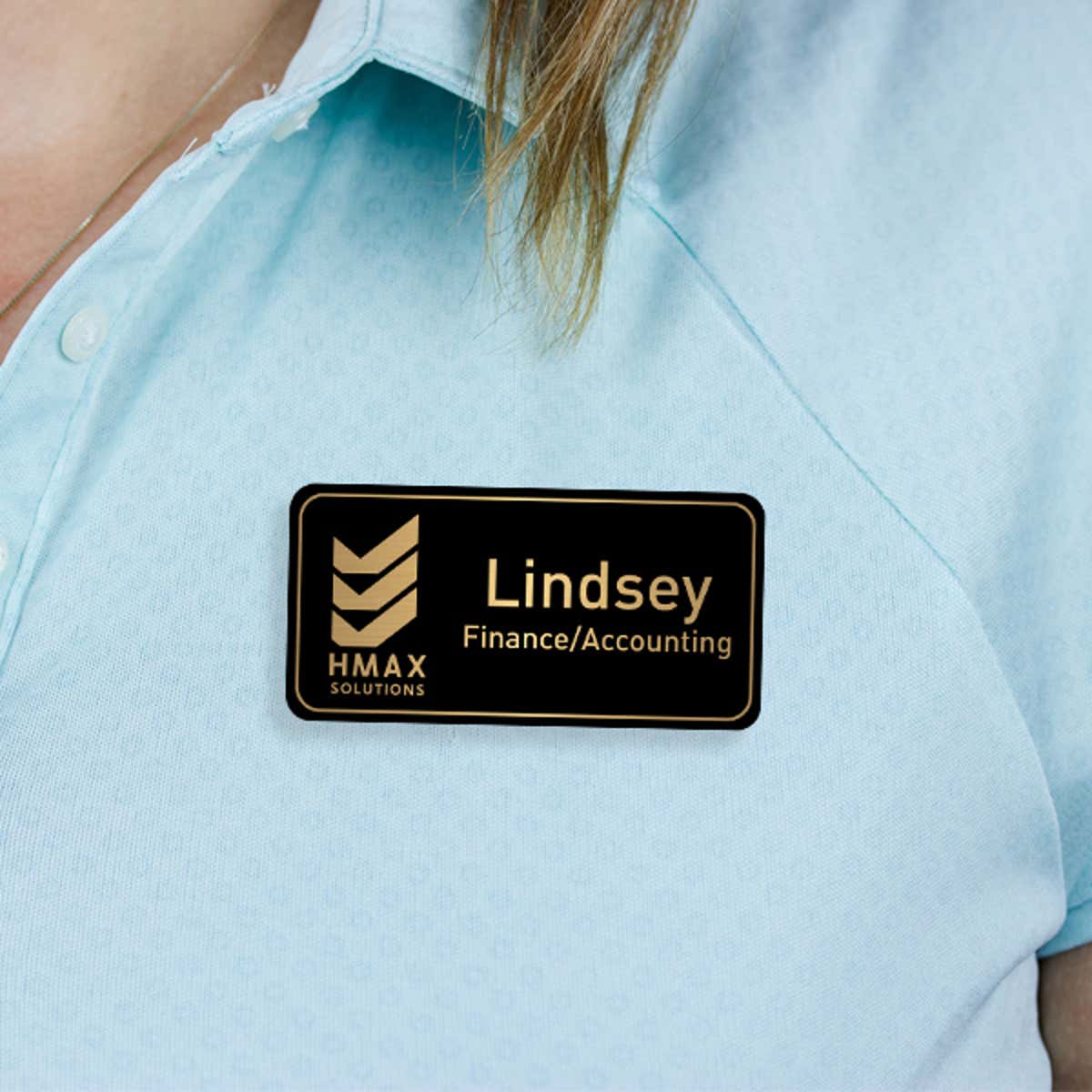 Engraved Plastic Upload Your Logo Custom Name Tag with Rounded Border on Blue Polo Shirt
