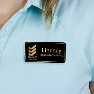 Engraved Plastic Upload Your Logo Custom Name Tag with Rounded Border on Blue Polo Shirt