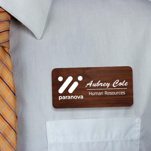 Engraved Plastic Upload Your Logo Custom Name Tag in Brushed Script Font on White Shirt with Orange Tie
