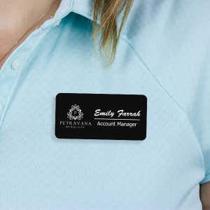 Engraved Plastic Upload Your Logo Custom Name Tag in Brushed Script Font on Blue Polo Shirt