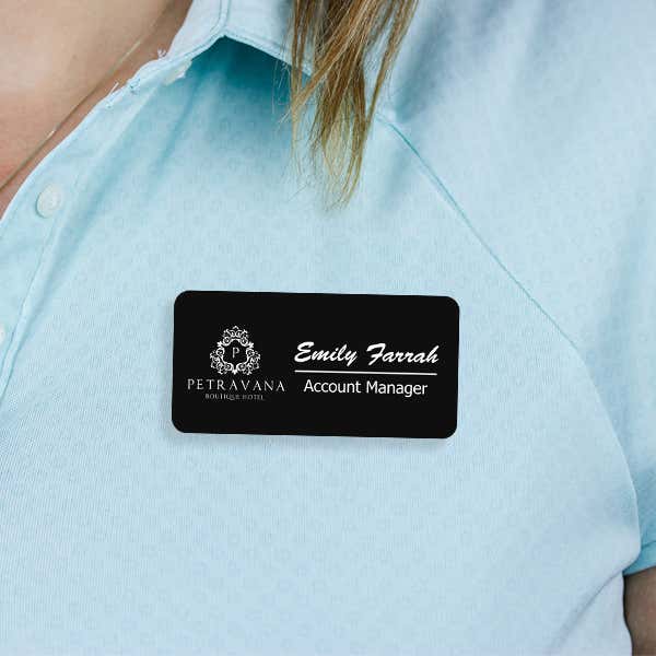 Engraved Plastic Upload Your Logo Custom Name Tag in Brushed Script Font on Blue Polo Shirt