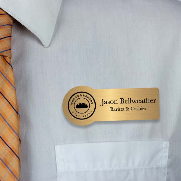 Engraved Plastic Upload Your Logo Custom Name Tag in Rounded Rectangular Shape on White Shirt with Orange Tie