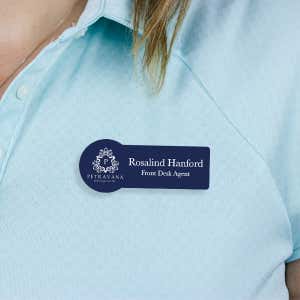 Engraved Plastic Upload Your Logo Custom Name Tag in Rounded Rectangular Shape on Blue Polo Shirt