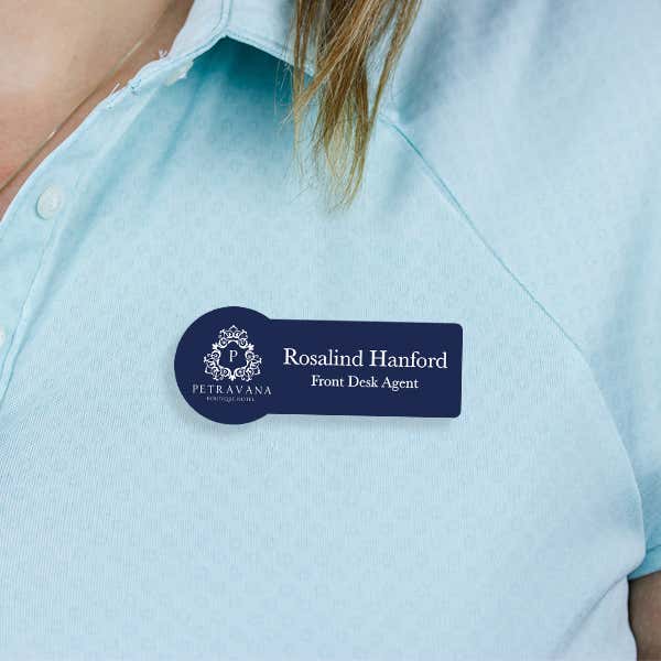 Engraved Plastic Upload Your Logo Custom Name Tag in Rounded Rectangular Shape on Blue Polo Shirt