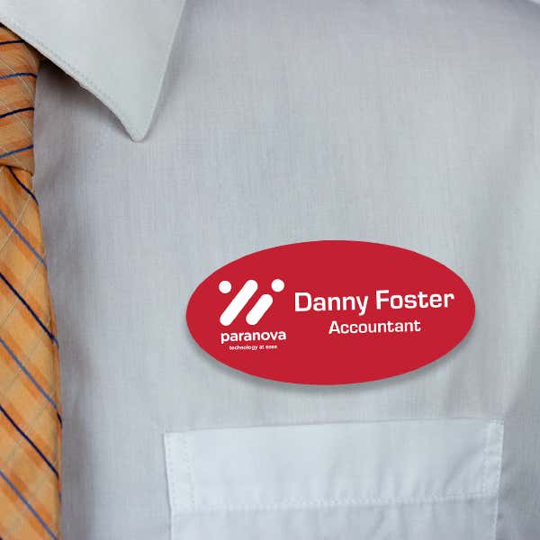 Engraved Plastic Custom Oval Name Tag with Oval Border on White Shirt with Orange Tie