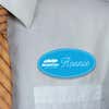 Engraved Plastic Upload Your Logo Custom Oval Name Tag in Elegant Cursive Font on White Shirt with Orange Tie