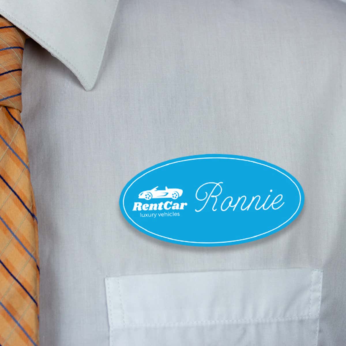 Engraved Plastic Upload Your Logo Custom Oval Name Tag in Elegant Cursive Font on White Shirt with Orange Tie