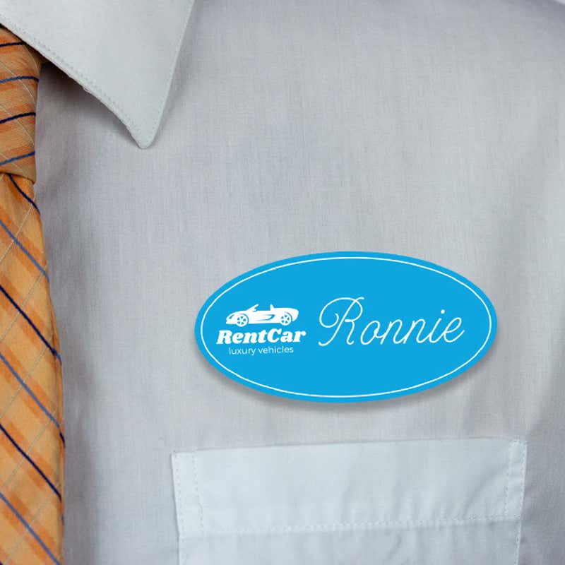 Engraved Plastic Upload Your Logo Custom Oval Name Tag in Elegant Cursive Font on White Shirt with Orange Tie