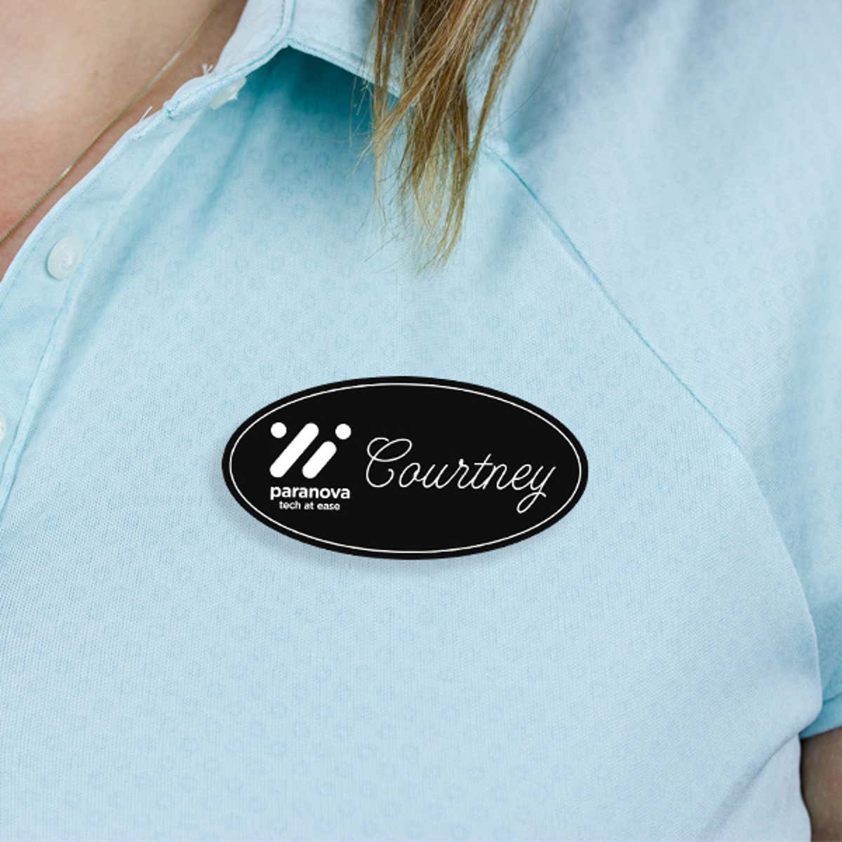 Engraved Plastic Upload Your Logo Custom Oval Name Tag in Elegant Cursive Font on Blue Polo Shirt