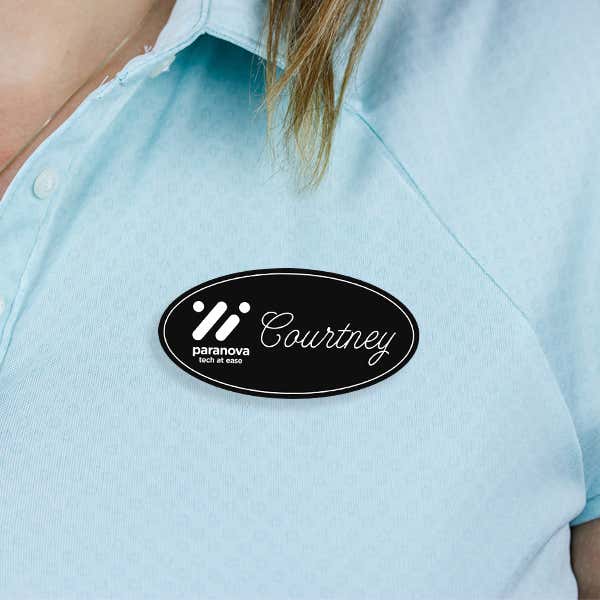 Engraved Plastic Upload Your Logo Custom Oval Name Tag in Elegant Cursive Font on Blue Polo Shirt