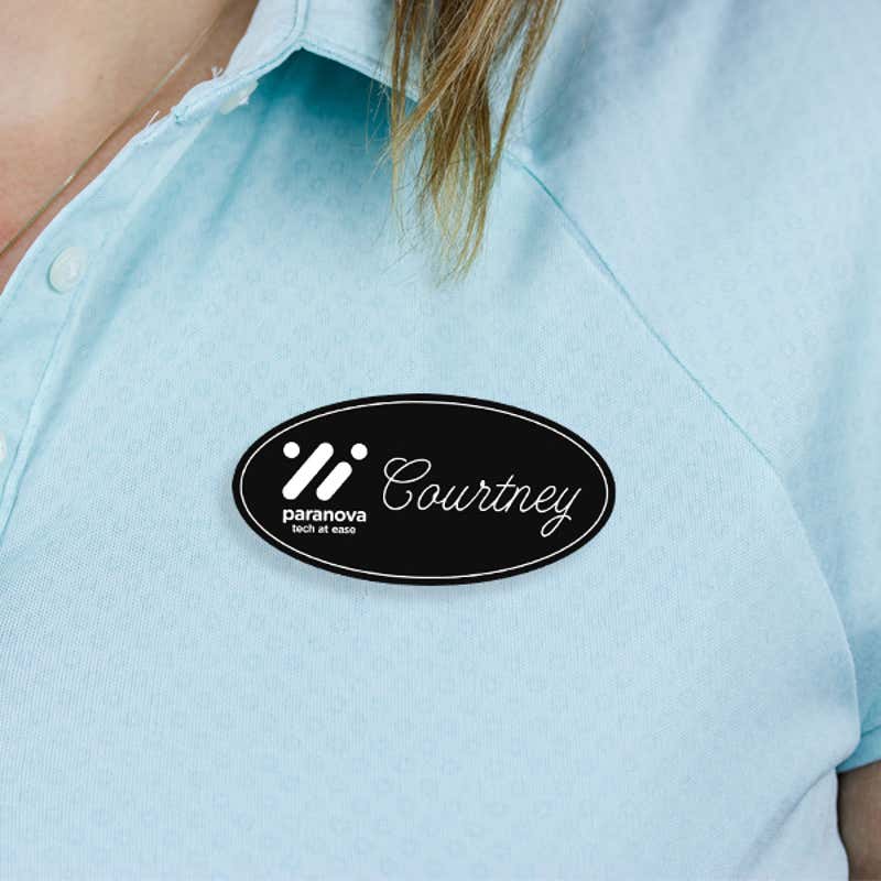 Engraved Plastic Upload Your Logo Custom Oval Name Tag in Elegant Cursive Font on Blue Polo Shirt