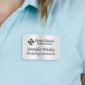 Engraved Plastic Upload Your Logo Name Tag with Traditional Serif Font on Blue Polo Shirt