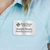 Engraved Plastic Upload Your Logo Name Tag with Traditional Serif Font on Blue Polo Shirt