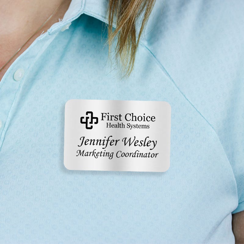 Engraved Plastic Upload Your Logo Name Tag with Traditional Serif Font on Blue Polo Shirt