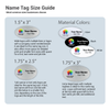 Name Tag Size Guide on a blue background