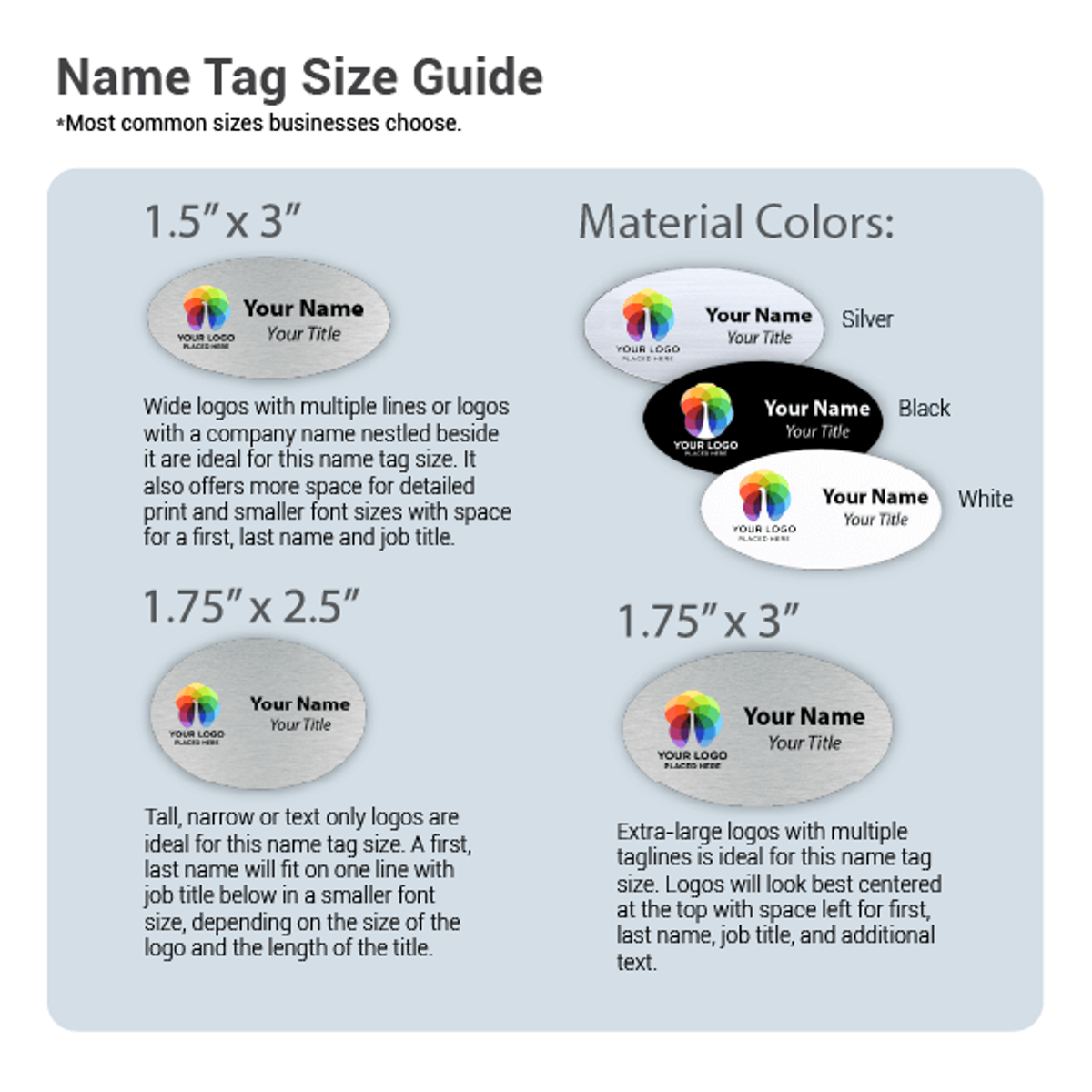 Name Tag Size Guide with blue background