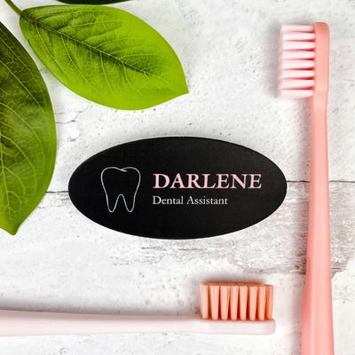 Pink Tooth Shaped Dental Name Tag - alternate view