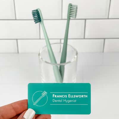 Teal Toothbrush in Circle Dentist Name Tag - alternate view