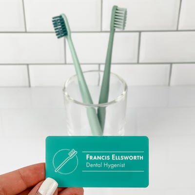 Teal Toothbrush in Circle Dentist Name Tag - alternate view